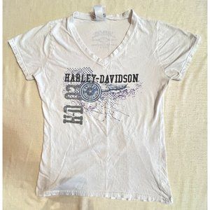 Harley Davidson Redline Saskatoon Canada V-Neck White Short Sleeve Women Shirt M